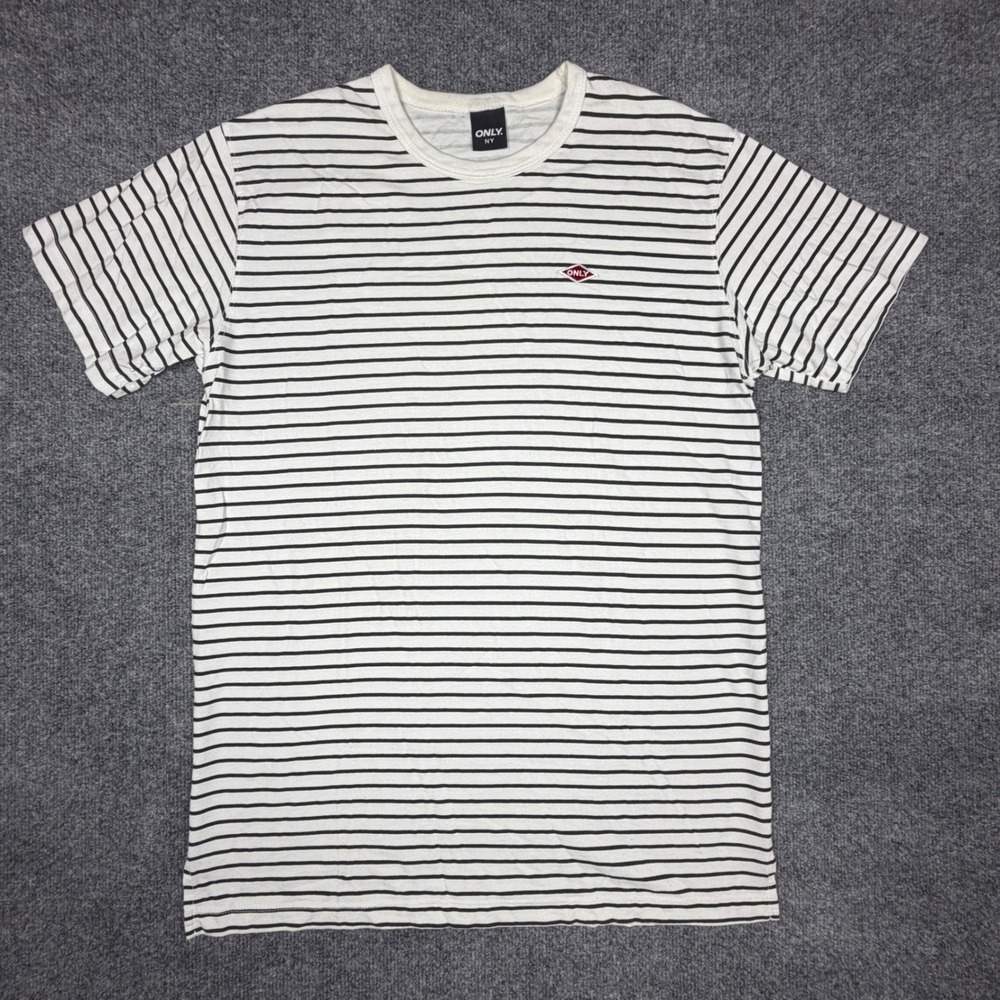 Only NY Mens Striped T-Shirt White Black Short Sleeve Logo Cotton Large USA Made - Picture 1 of 7